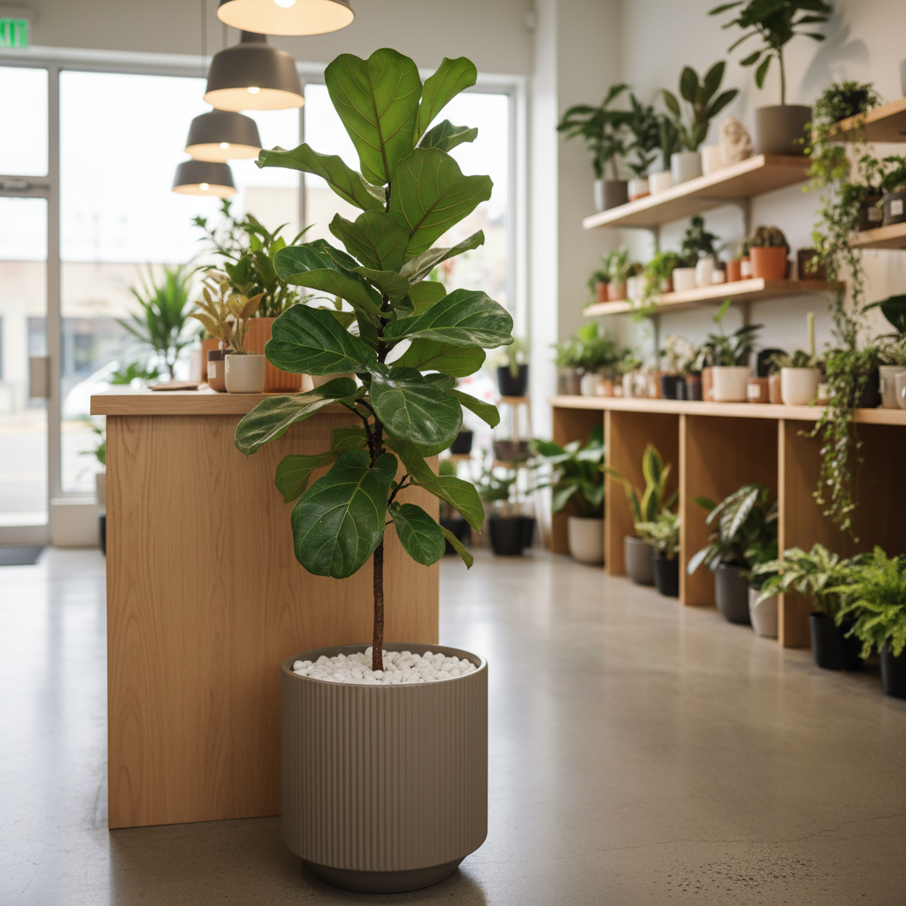 A single statement indoor plant, a mature fiddle-leaf fig with broad, velvety green leaves, stands in a tall, ribbed taupe planter filled with smooth white pebbles. It is positioned near a pale oak counter in a compact, impeccably curated plant store, with neatly organized shelves of smaller plants receding into a soft blur. Warm, diffused pendant lighting from above mixes with soft natural daylight, creating gentle highlights along each leaf’s veins. Captured in photographic realism from a slightly low angle, the composition follows the rule of thirds, giving the plant presence and sophistication while maintaining a calm, gallery-like atmosphere.